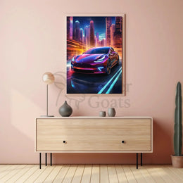 Futuristic Cityscape with Tesla: A Vibrant Sci-Fi Poster PosterGoat