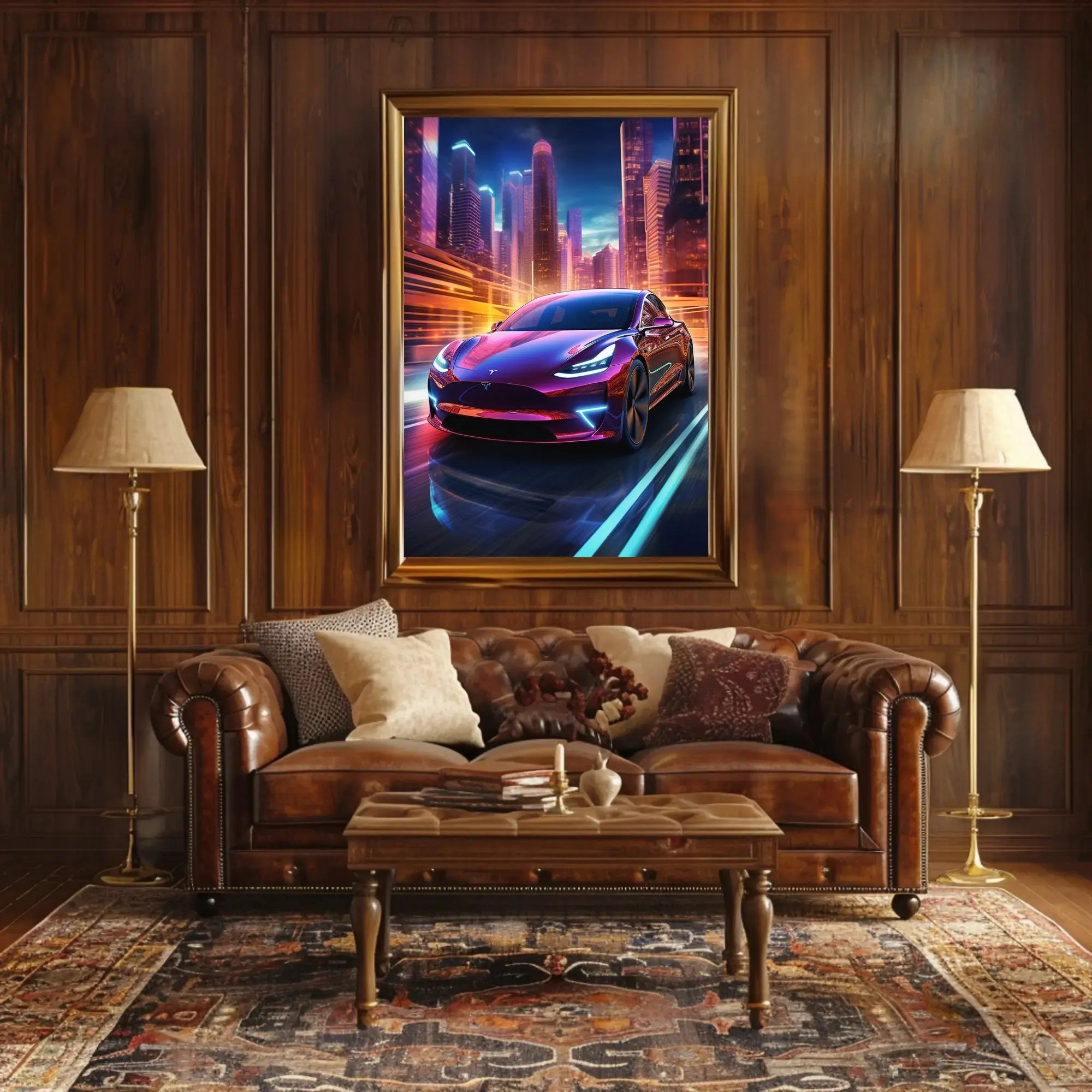Futuristic Cityscape with Tesla: A Vibrant Sci-Fi Poster PosterGoat