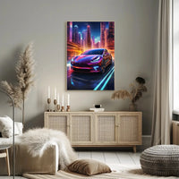 Futuristic Cityscape with Tesla: A Vibrant Sci-Fi Poster PosterGoat