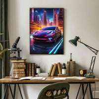 Futuristic Cityscape with Tesla: A Vibrant Sci-Fi Poster PosterGoat