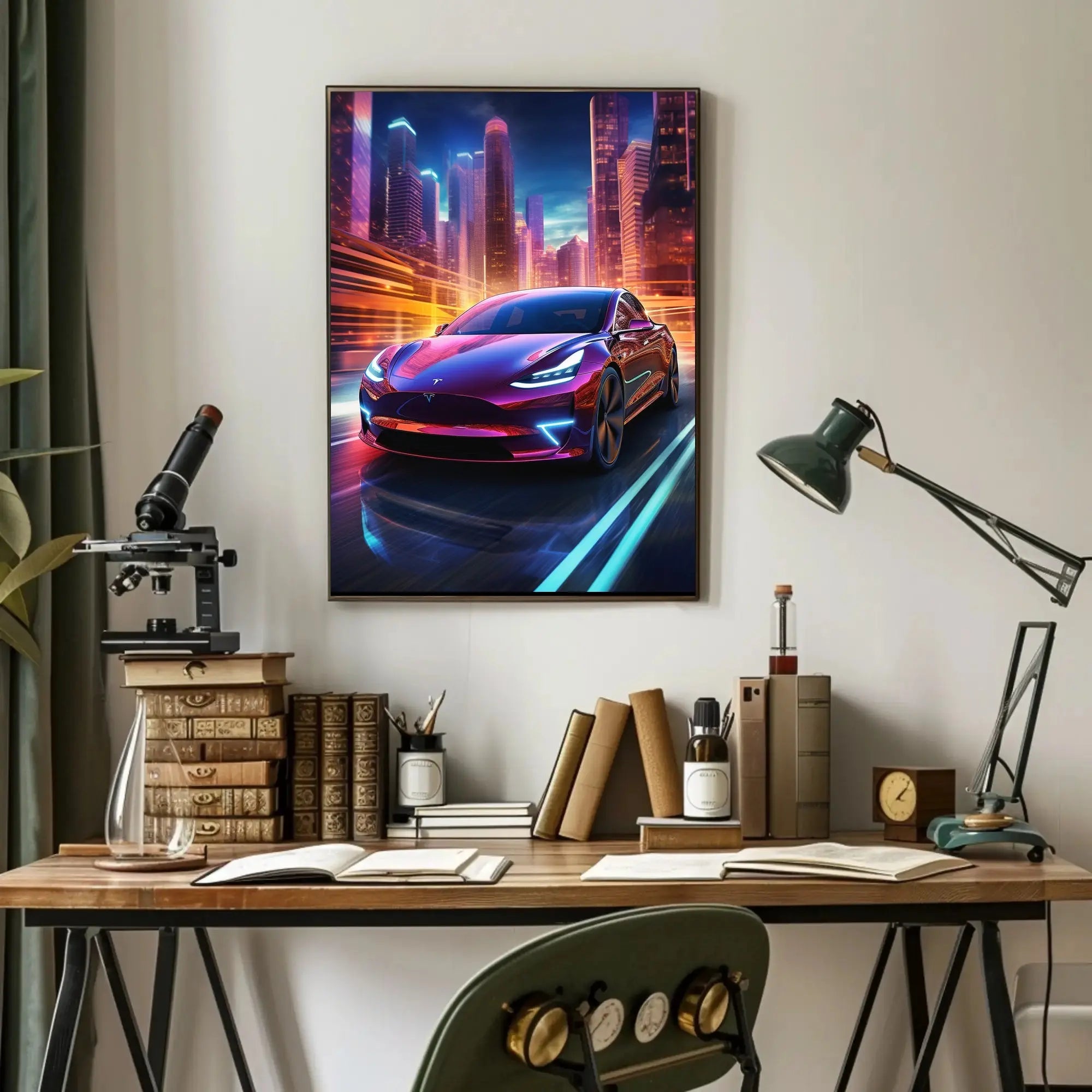 Futuristic Cityscape with Tesla: A Vibrant Sci-Fi Poster PosterGoat