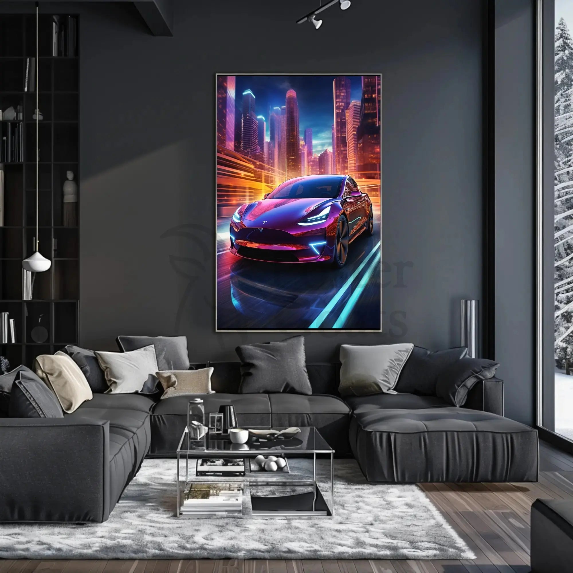 Futuristic Cityscape with Tesla: A Vibrant Sci-Fi Poster PosterGoat