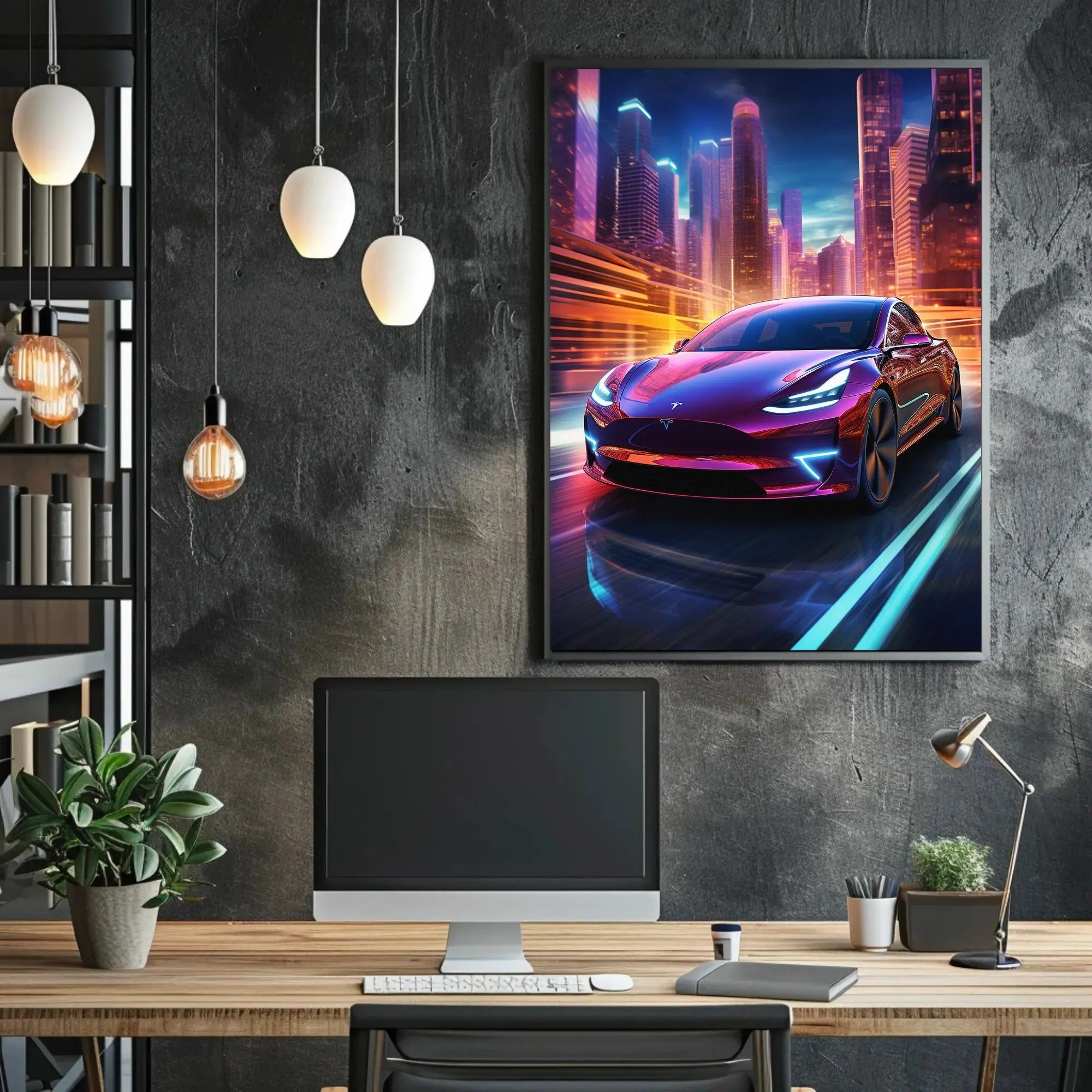 Futuristic Cityscape with Tesla: A Vibrant Sci-Fi Poster PosterGoat