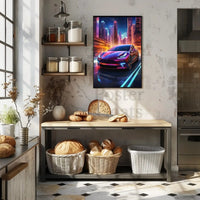 Futuristic Cityscape with Tesla: A Vibrant Sci-Fi Poster PosterGoat