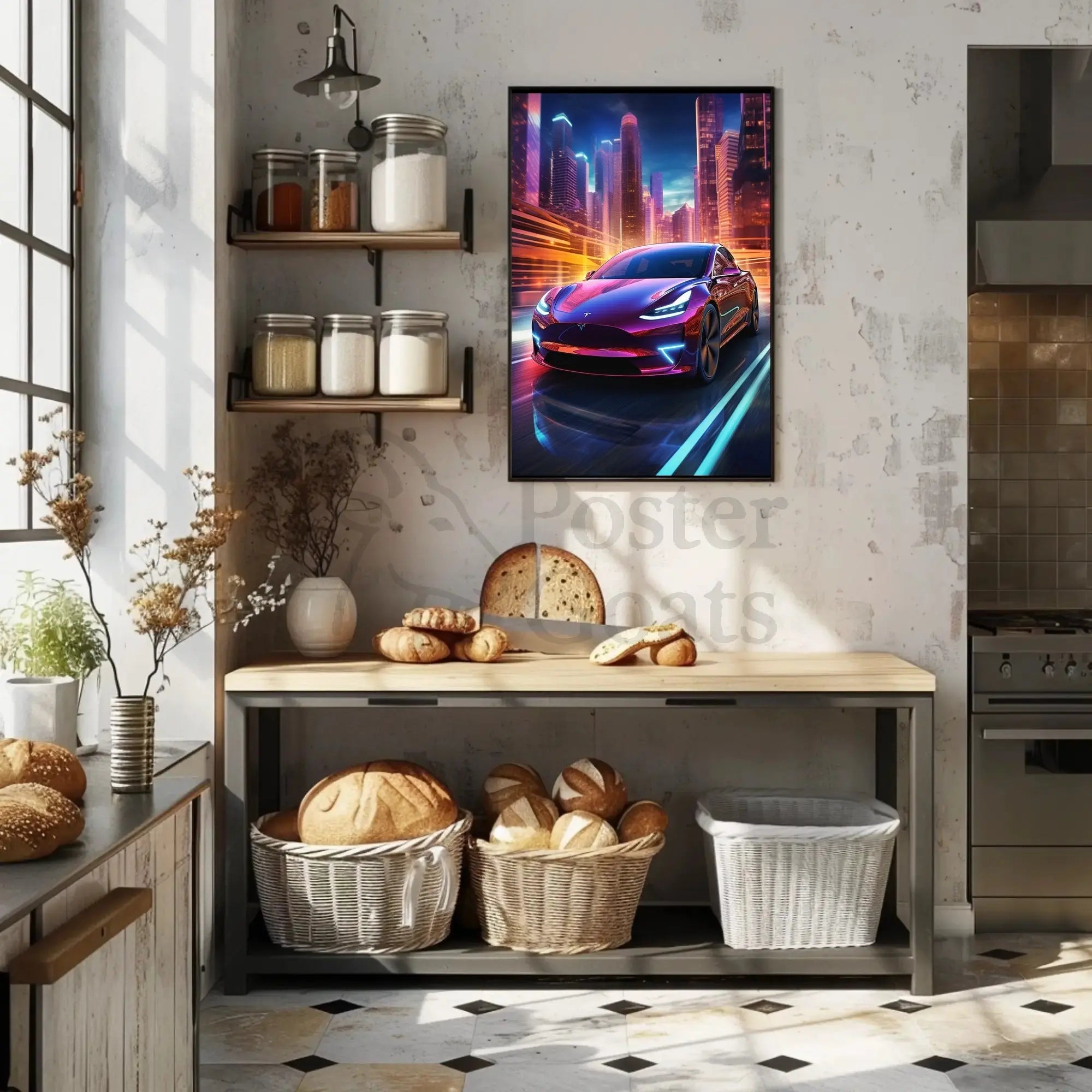 Futuristic Cityscape with Tesla: A Vibrant Sci-Fi Poster PosterGoat