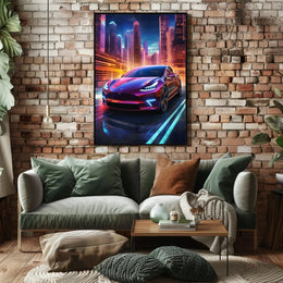 Futuristic Cityscape with Tesla: A Vibrant Sci-Fi Poster PosterGoat