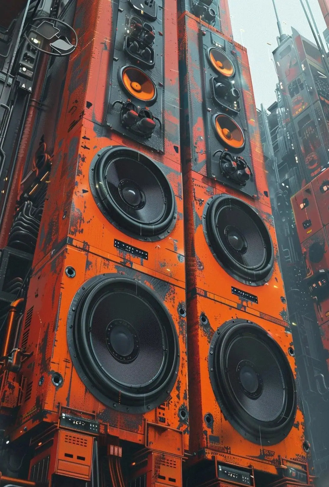 Futuristic Cityscape with Towering Speakers Sci-Fi Poster PosterGoat
