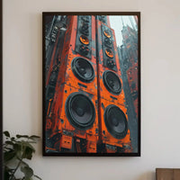 Futuristic Cityscape with Towering Speakers Sci-Fi Poster PosterGoat