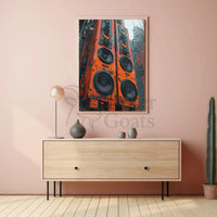 Futuristic Cityscape with Towering Speakers Sci-Fi Poster PosterGoat