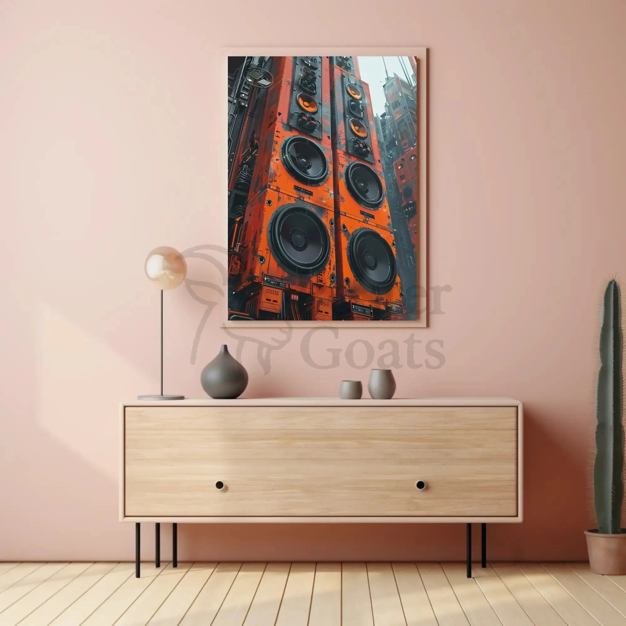 Futuristic Cityscape with Towering Speakers Sci-Fi Poster PosterGoat