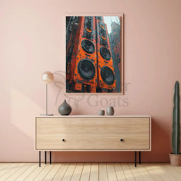 Futuristic Cityscape with Towering Speakers Sci-Fi Poster PosterGoat