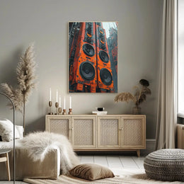 Futuristic Cityscape with Towering Speakers Sci-Fi Poster PosterGoat