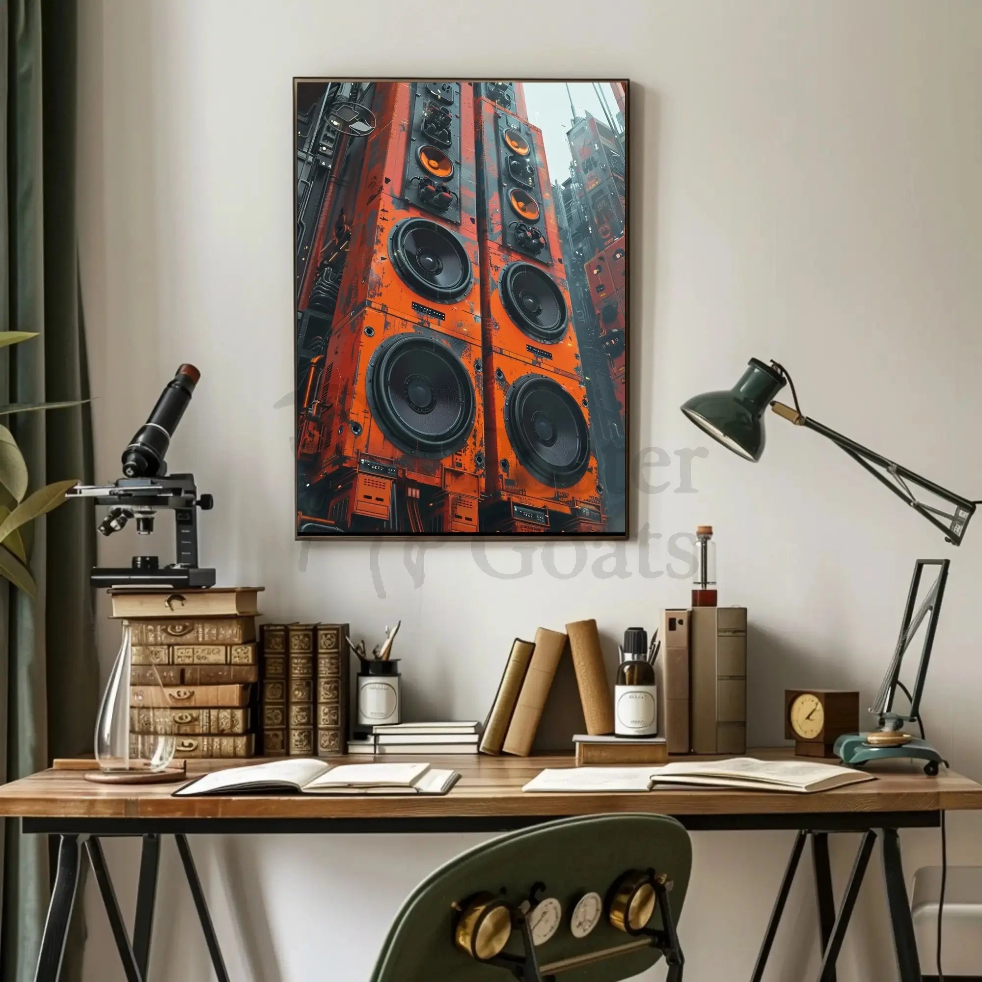 Futuristic Cityscape with Towering Speakers Sci-Fi Poster PosterGoat