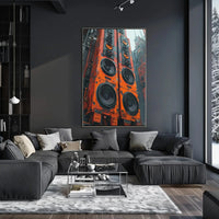 Futuristic Cityscape with Towering Speakers Sci-Fi Poster PosterGoat