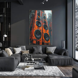Futuristic Cityscape with Towering Speakers Sci-Fi Poster PosterGoat