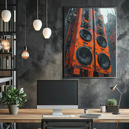 Futuristic Cityscape with Towering Speakers Sci-Fi Poster PosterGoat