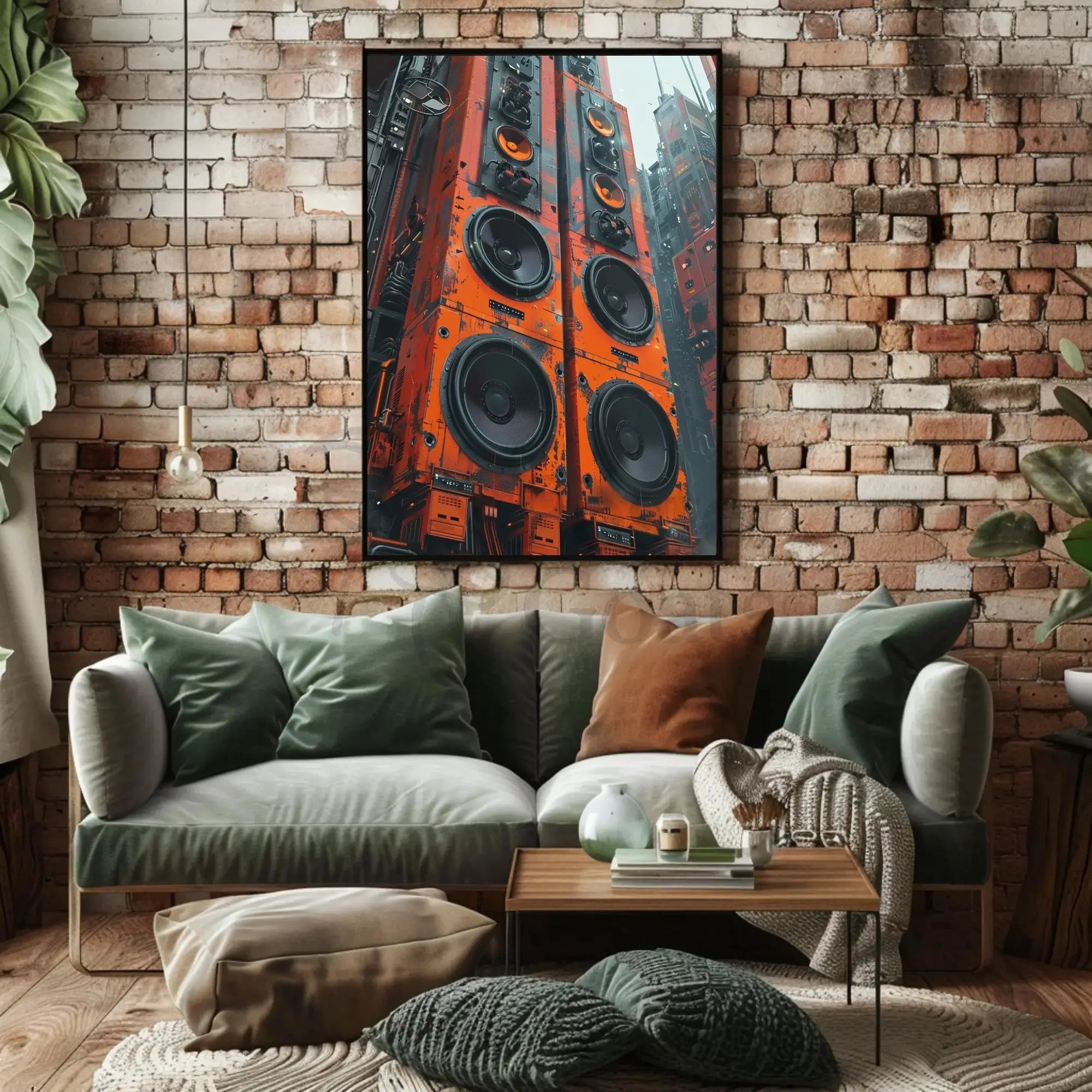 Futuristic Cityscape with Towering Speakers Sci-Fi Poster PosterGoat
