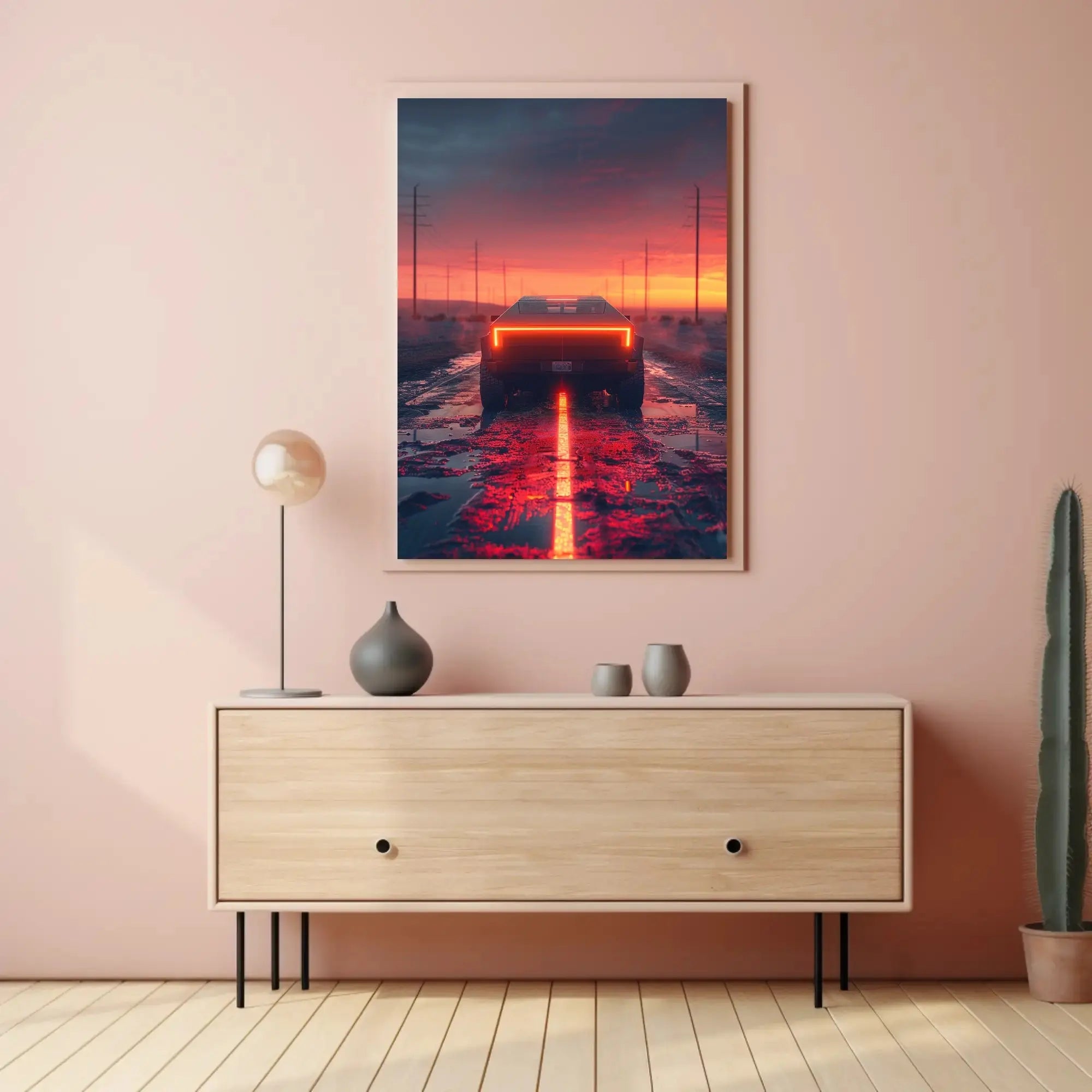 Futuristic Cybertruck Journey on Dramatic Road Sci-Fi Poster PosterGoat