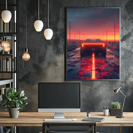 Futuristic Cybertruck Journey on Dramatic Road Sci-Fi Poster PosterGoat