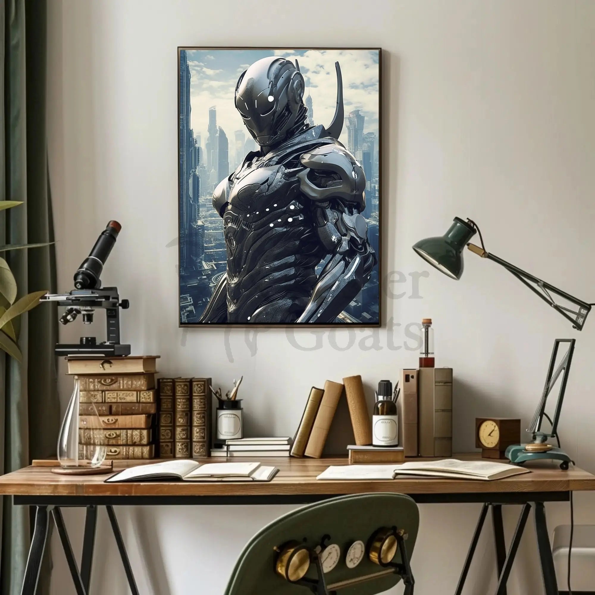 Futuristic Cyborg in High-Tech Cityscape Sci-Fi Poster PosterGoat