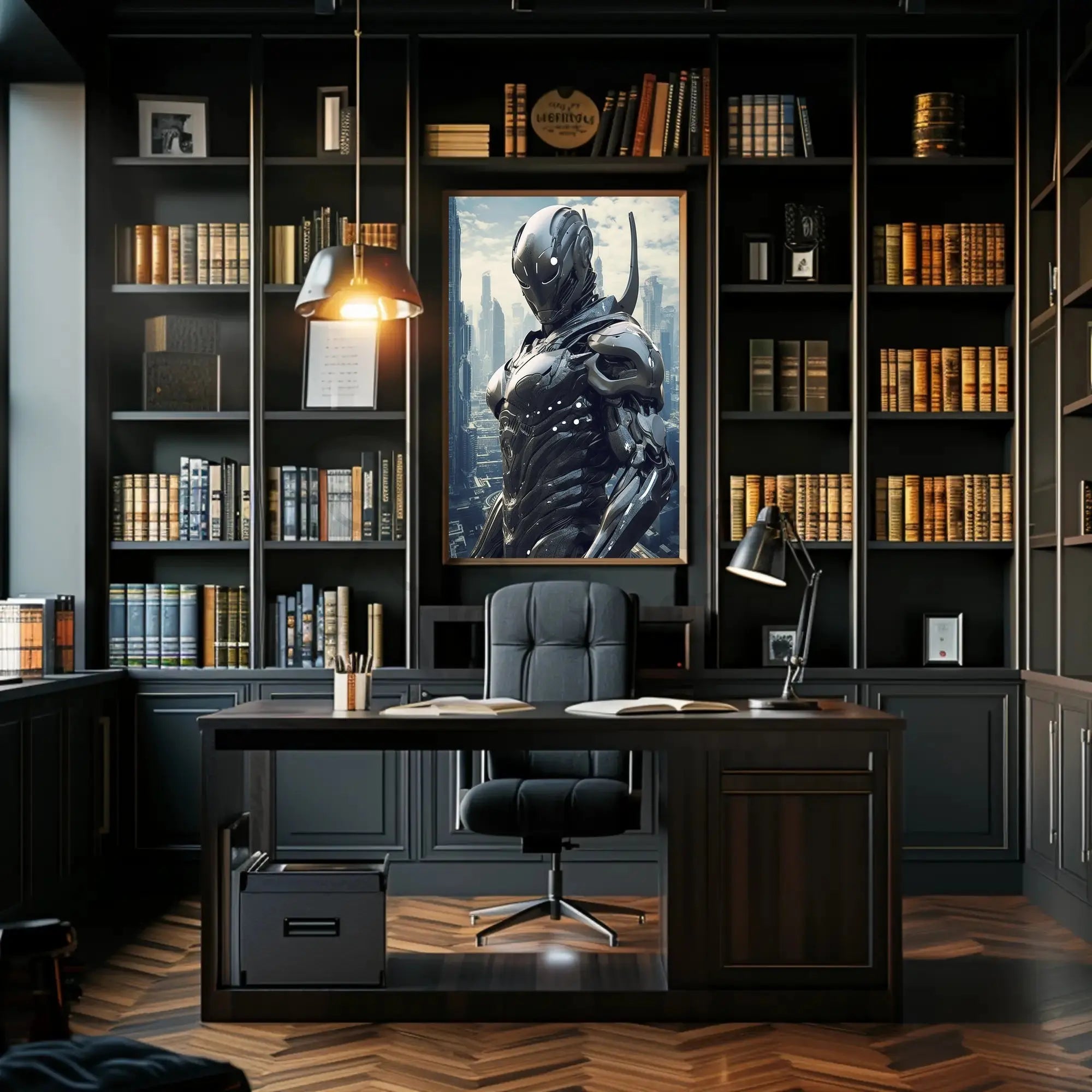 Futuristic Cyborg in High-Tech Cityscape Sci-Fi Poster PosterGoat