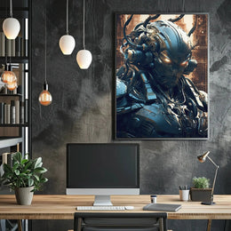 Futuristic Cyborg with Glowing Eyes Sci-Fi Poster PosterGoat
