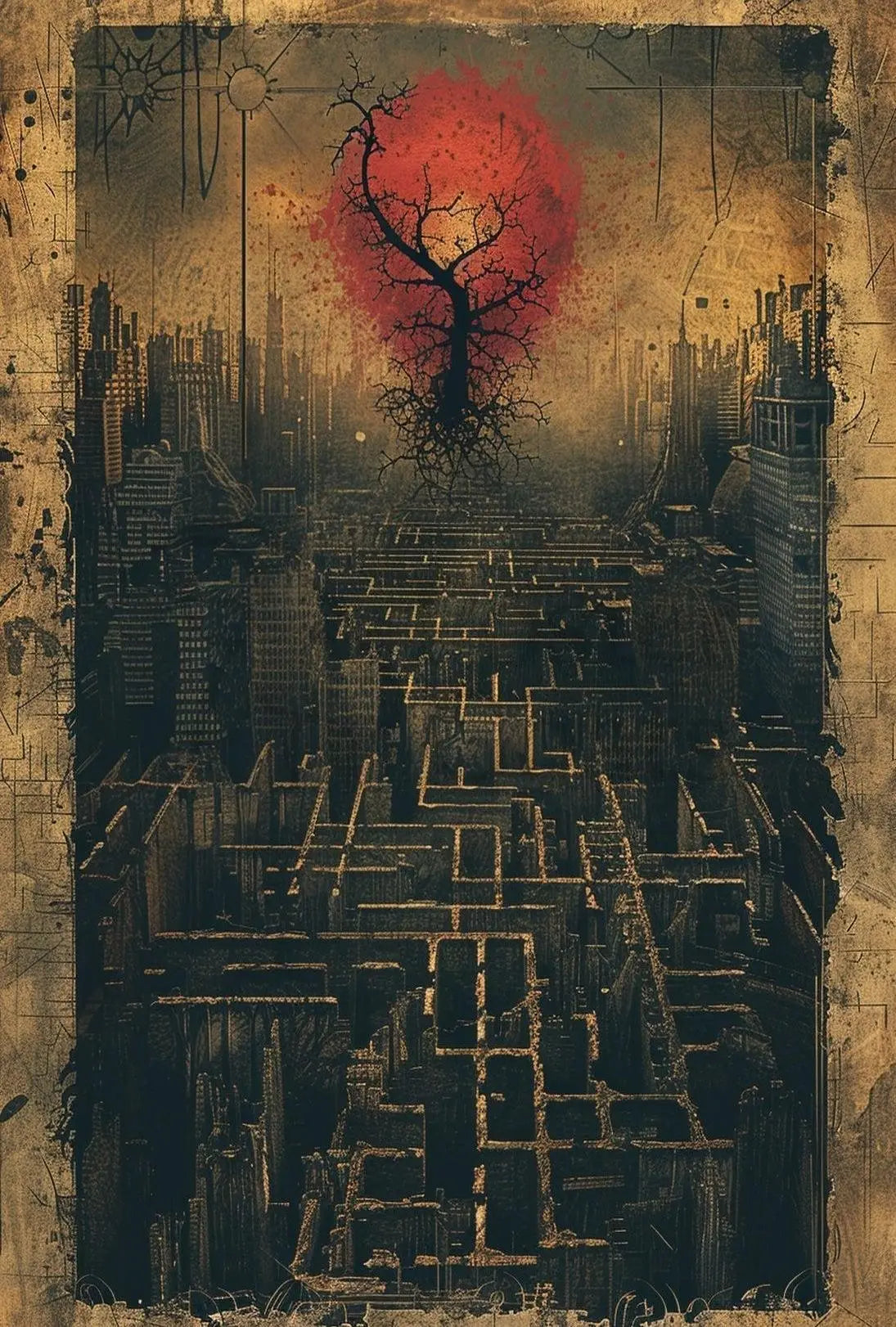 Futuristic Dystopian Cityscape Art Poster with Surreal Elements PosterGoat