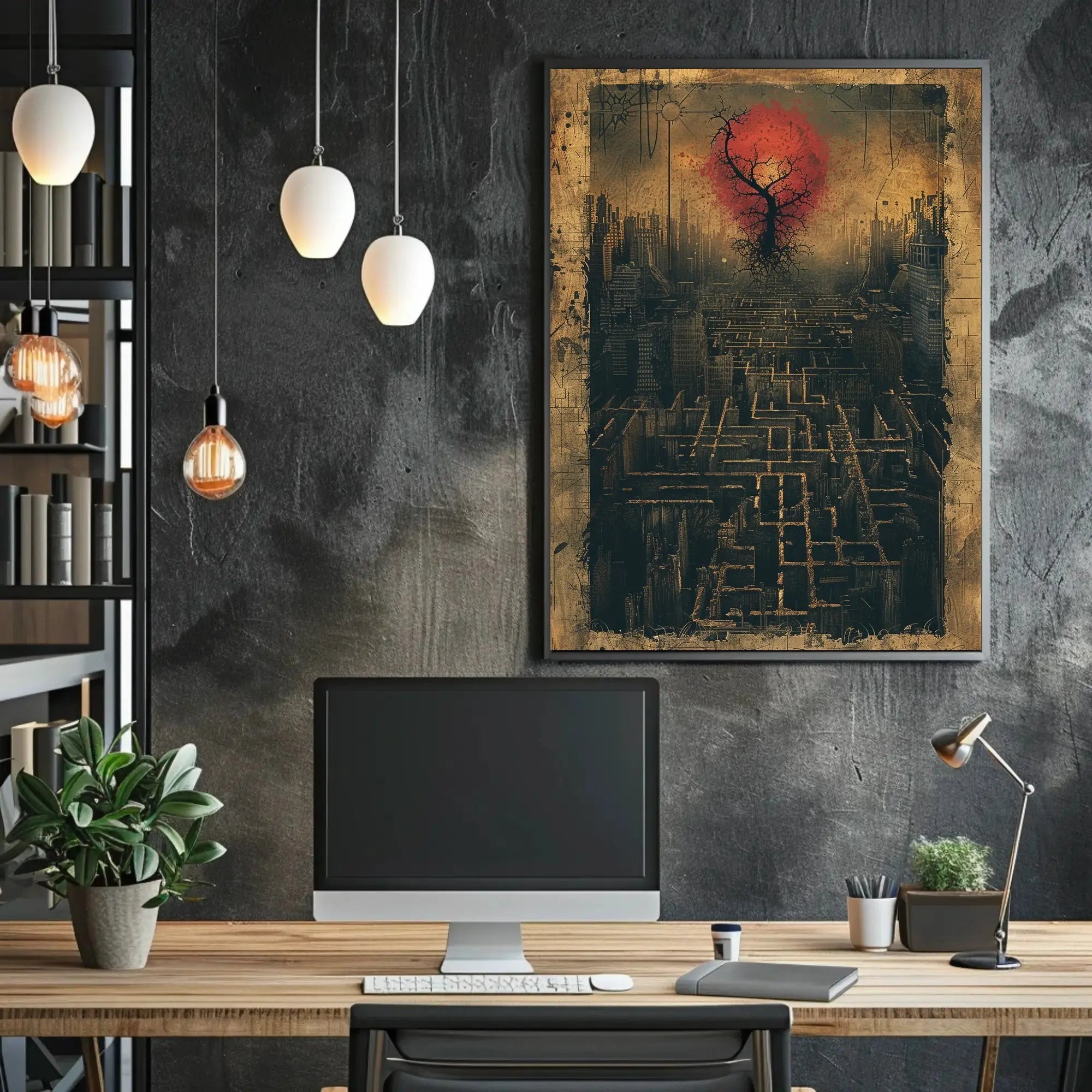 Futuristic Dystopian Cityscape Art Poster with Surreal Elements PosterGoat
