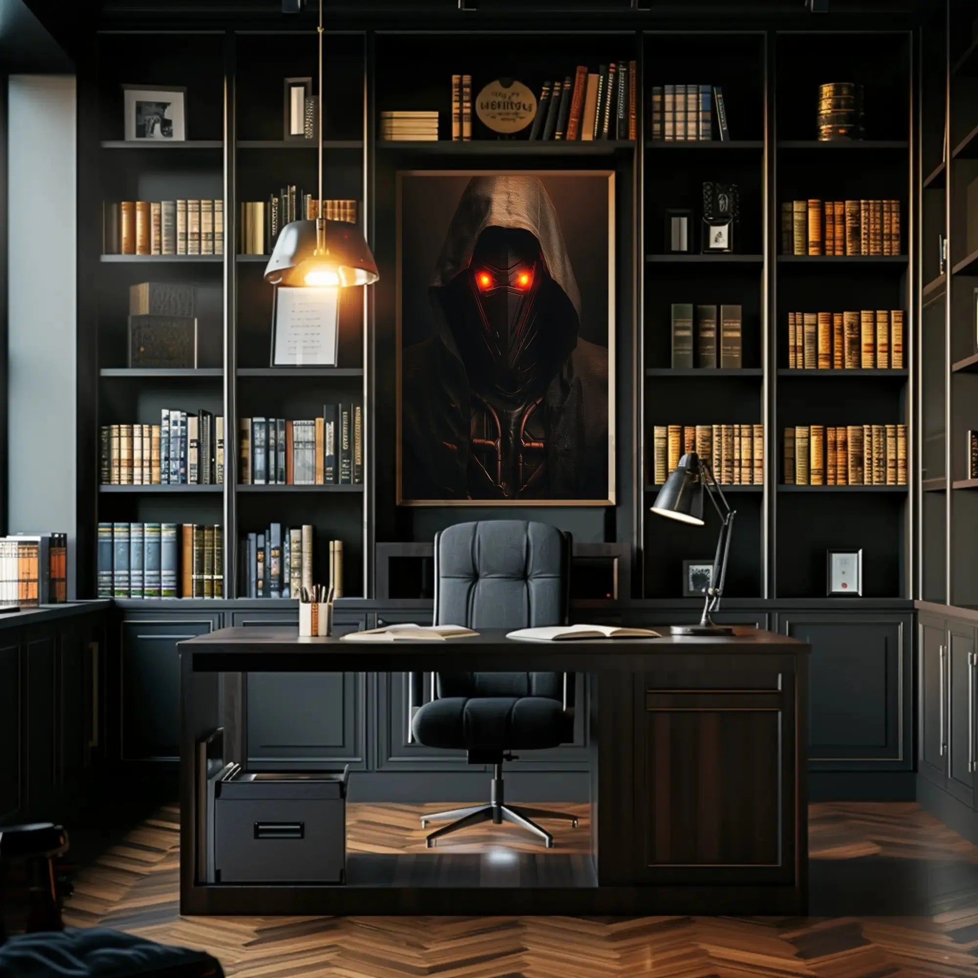 Futuristic Dystopian Figure with Glowing Eyes Sci-Fi Poster PosterGoat