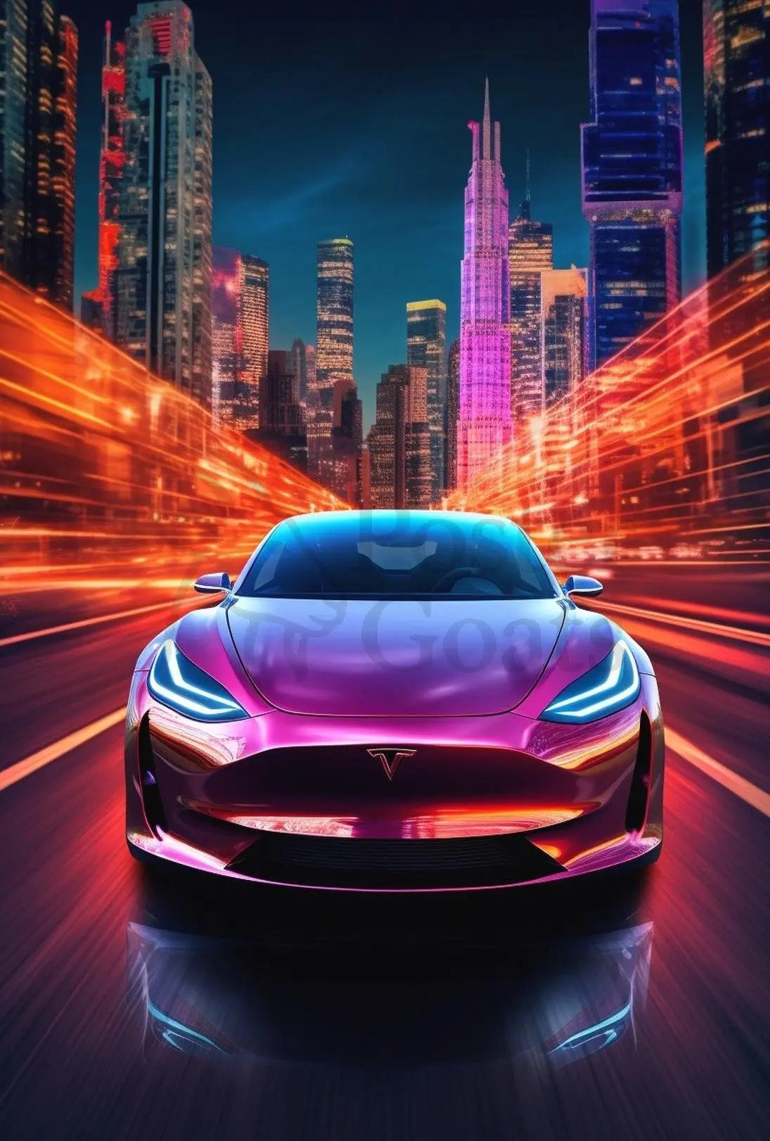 Futuristic Electric Car in Vibrant Cityscape - Sci-Fi Poster PosterGoat
