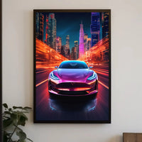 Futuristic Electric Car in Vibrant Cityscape - Sci-Fi Poster PosterGoat