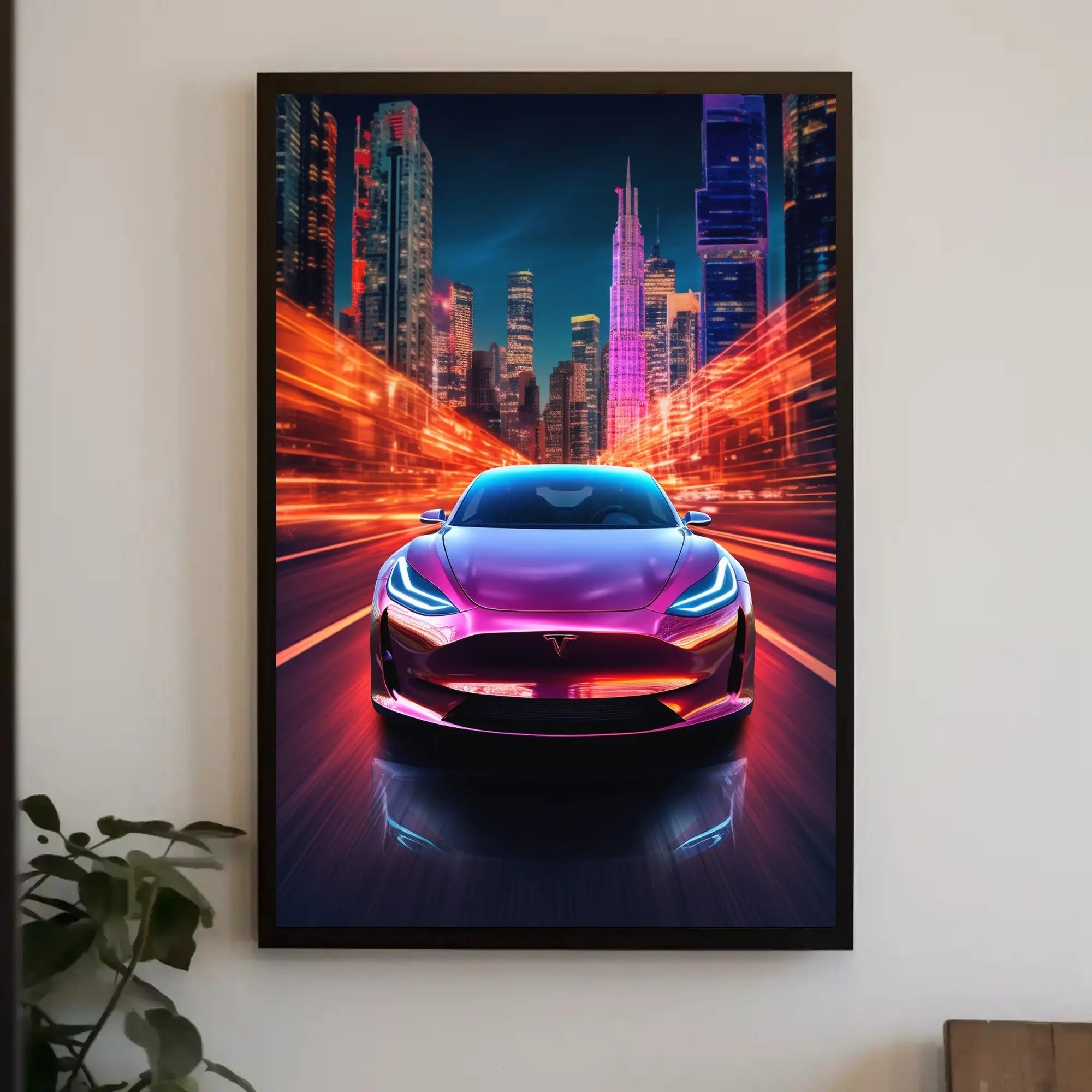 Futuristic Electric Car in Vibrant Cityscape - Sci-Fi Poster PosterGoat