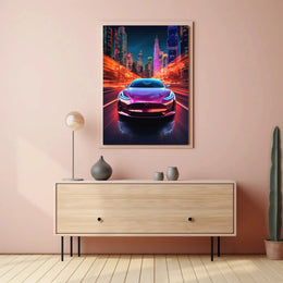 Futuristic Electric Car in Vibrant Cityscape - Sci-Fi Poster PosterGoat