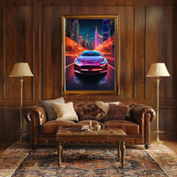 Futuristic Electric Car in Vibrant Cityscape - Sci-Fi Poster PosterGoat