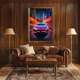 Futuristic Electric Car in Vibrant Cityscape - Sci-Fi Poster PosterGoat