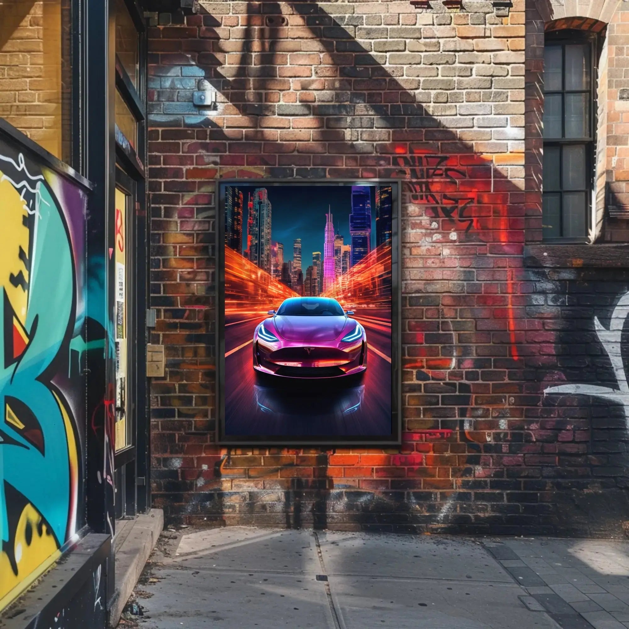 Futuristic Electric Car in Vibrant Cityscape - Sci-Fi Poster PosterGoat