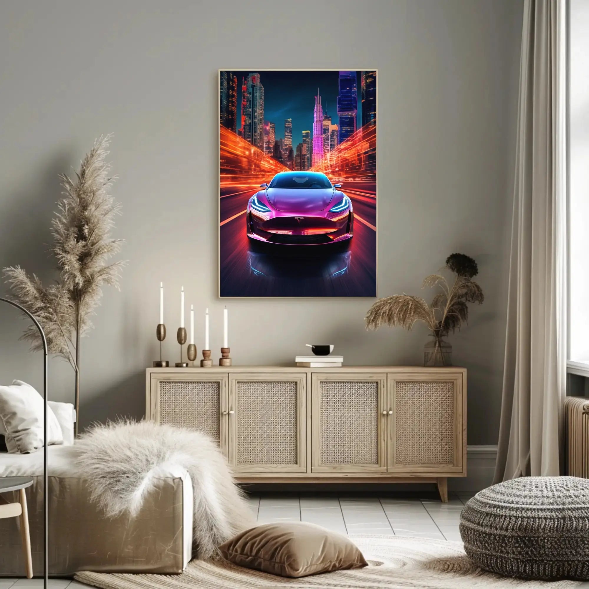 Futuristic Electric Car in Vibrant Cityscape - Sci-Fi Poster PosterGoat