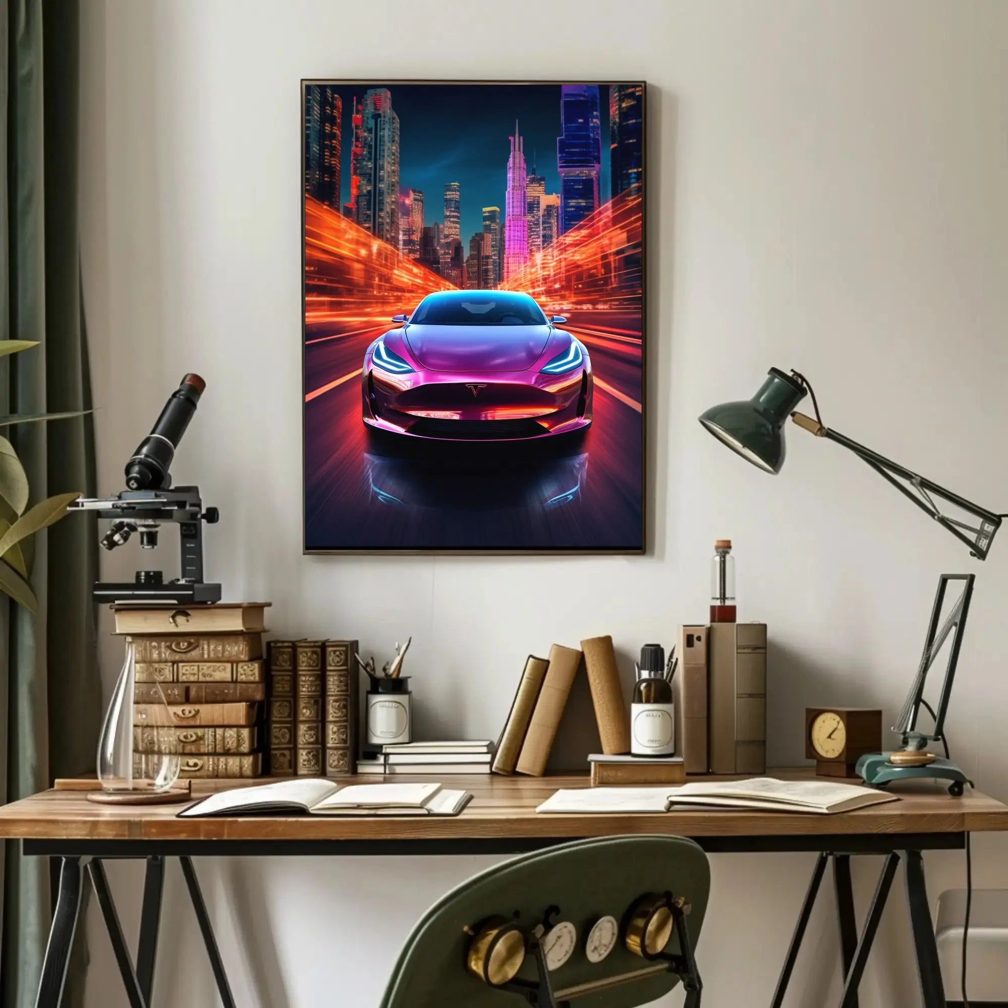 Futuristic Electric Car in Vibrant Cityscape - Sci-Fi Poster PosterGoat