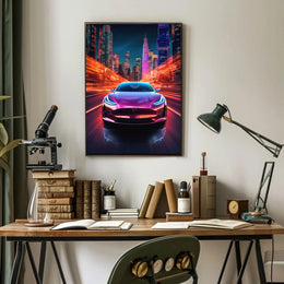 Futuristic Electric Car in Vibrant Cityscape - Sci-Fi Poster PosterGoat