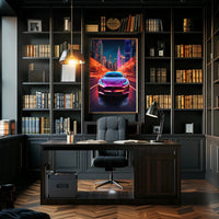 Futuristic Electric Car in Vibrant Cityscape - Sci-Fi Poster PosterGoat