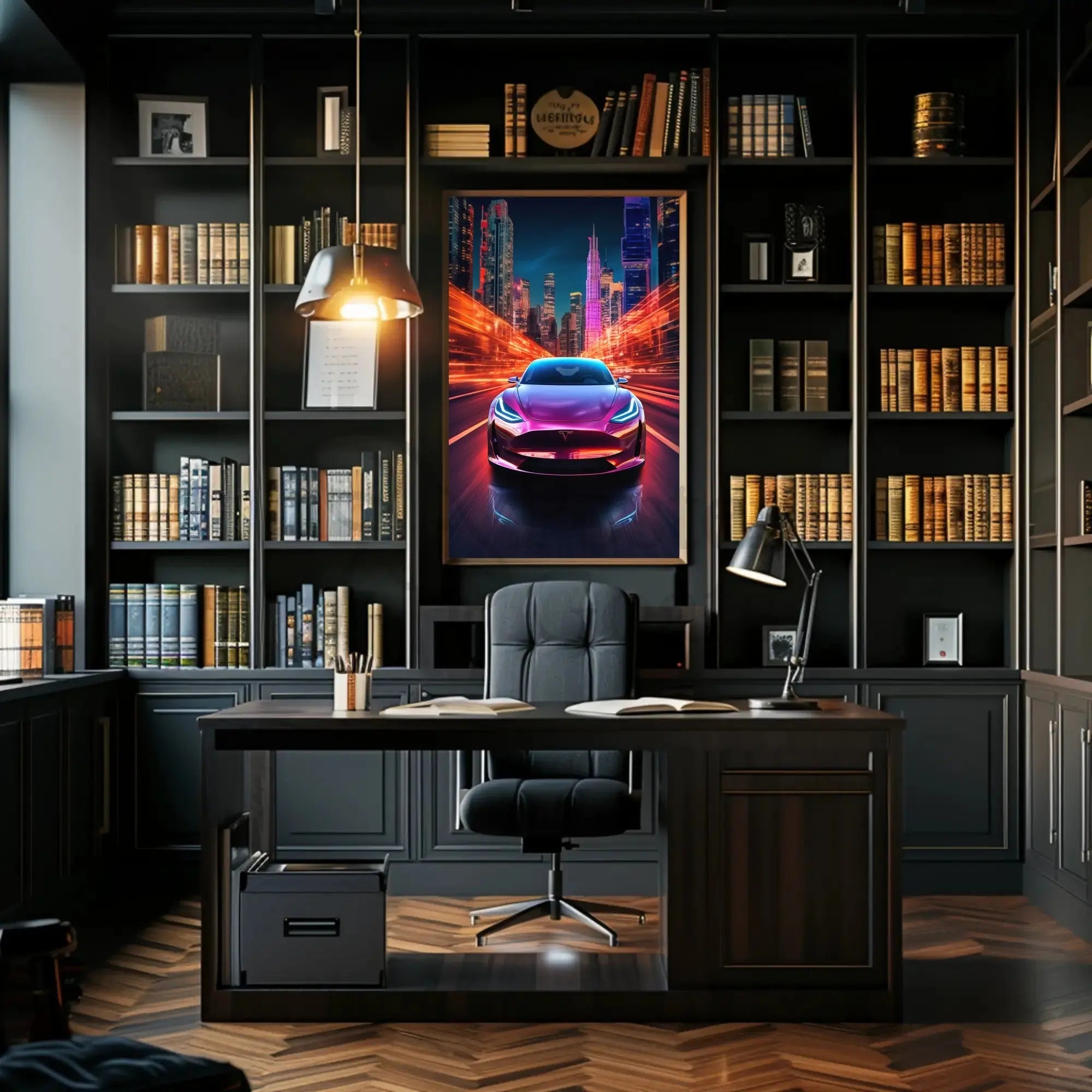 Futuristic Electric Car in Vibrant Cityscape - Sci-Fi Poster PosterGoat