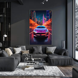 Futuristic Electric Car in Vibrant Cityscape - Sci-Fi Poster PosterGoat