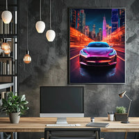 Futuristic Electric Car in Vibrant Cityscape - Sci-Fi Poster PosterGoat