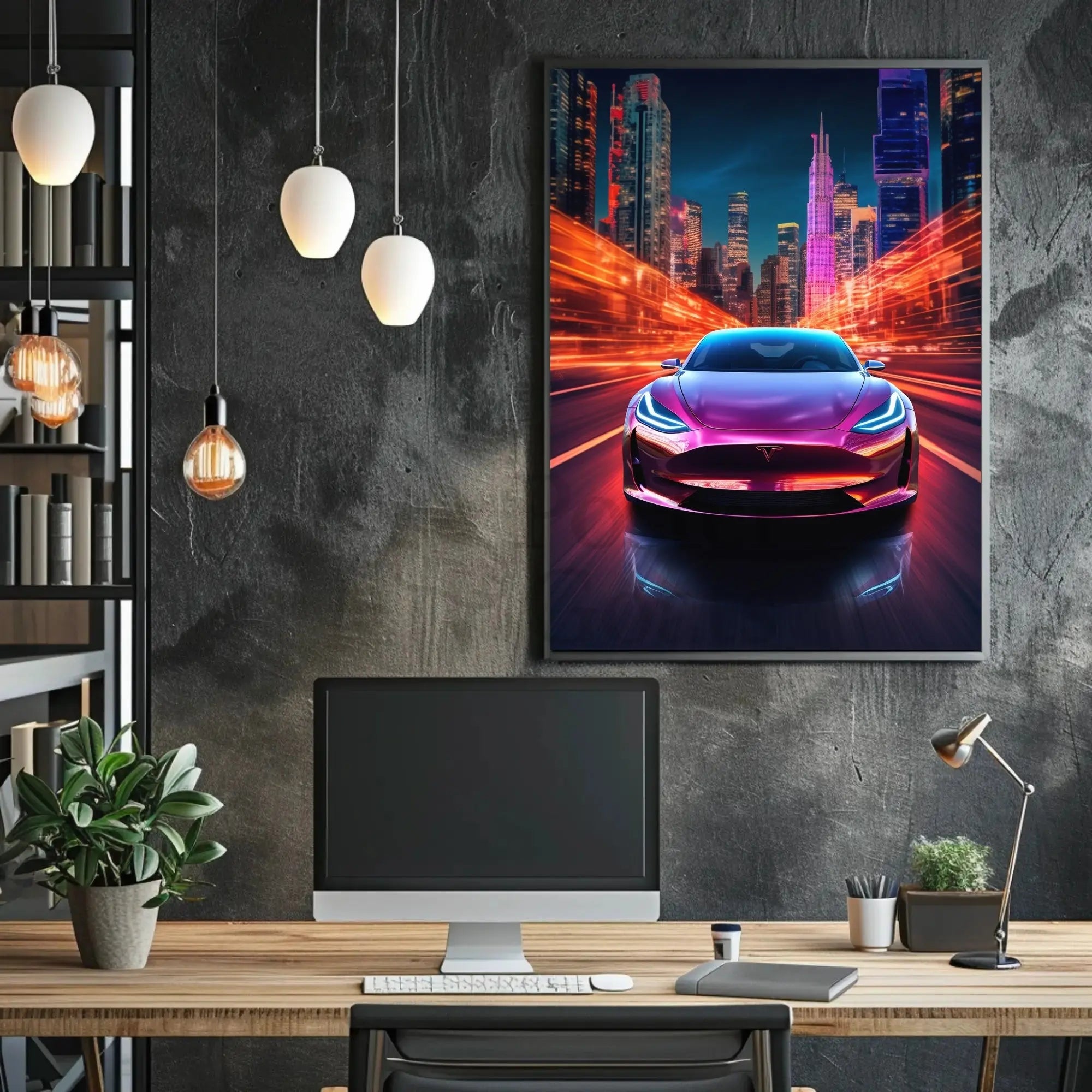 Futuristic Electric Car in Vibrant Cityscape - Sci-Fi Poster PosterGoat