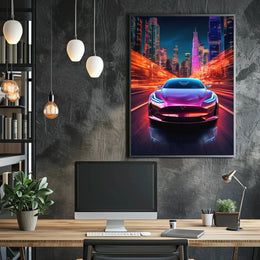Futuristic Electric Car in Vibrant Cityscape - Sci-Fi Poster PosterGoat