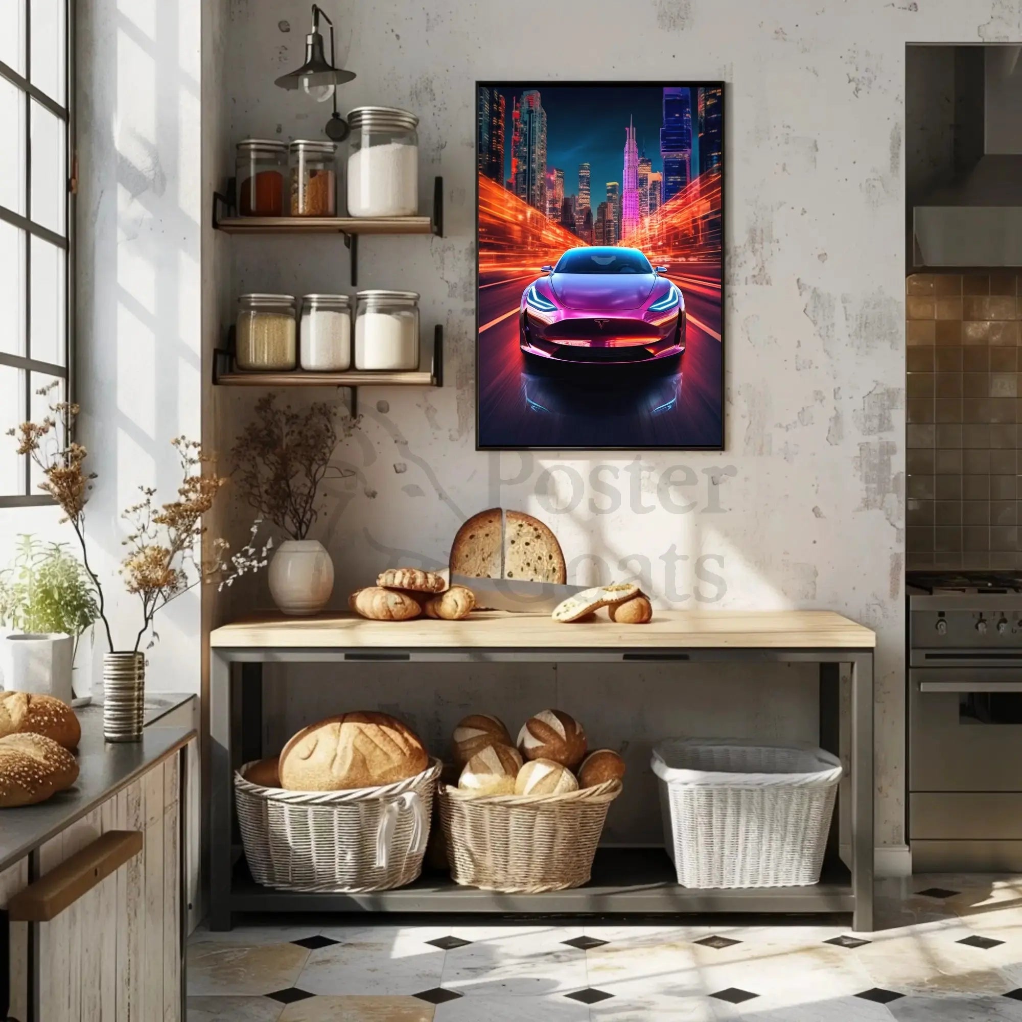 Futuristic Electric Car in Vibrant Cityscape - Sci-Fi Poster PosterGoat