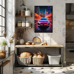 Futuristic Electric Car in Vibrant Cityscape - Sci-Fi Poster PosterGoat
