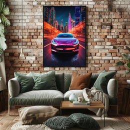 Futuristic Electric Car in Vibrant Cityscape - Sci-Fi Poster PosterGoat