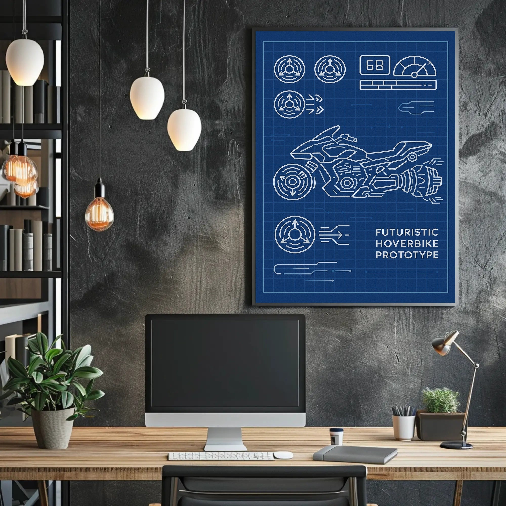 Futuristic Hoverbike Prototype Sci-Fi Blueprint Poster PosterGoat