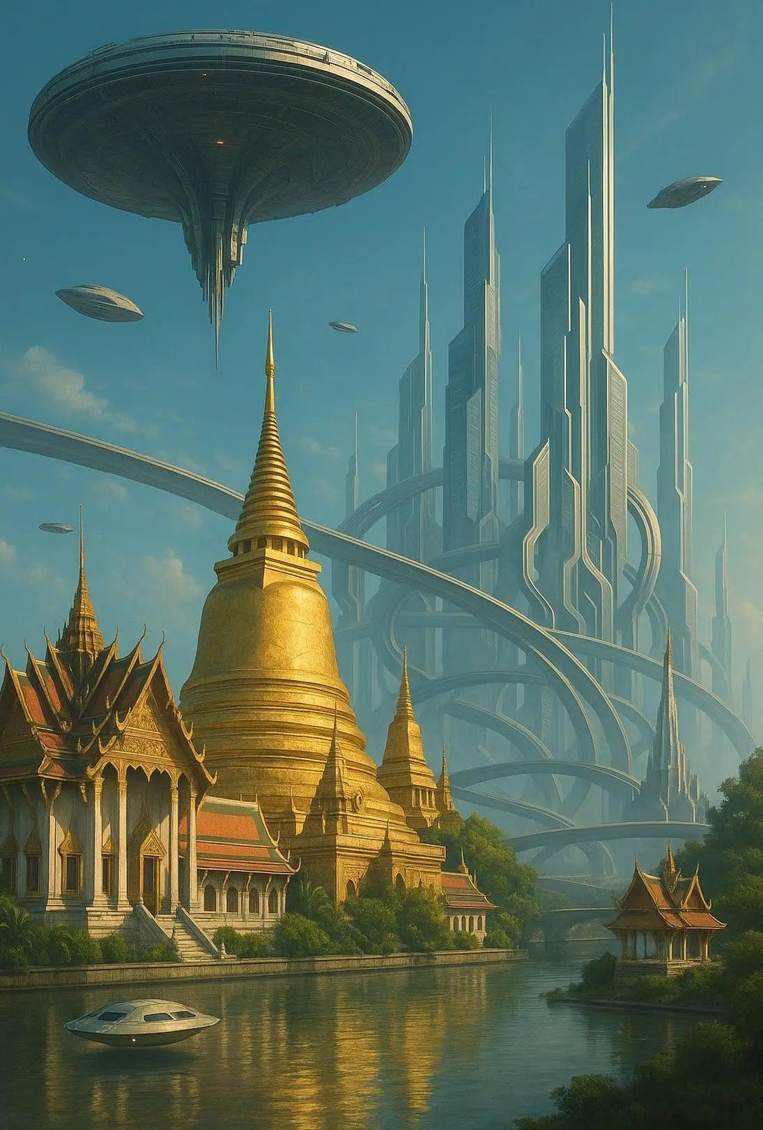 Futuristic Metropolis Meets Cultural Landscape Sci-Fi Poster PosterGoat